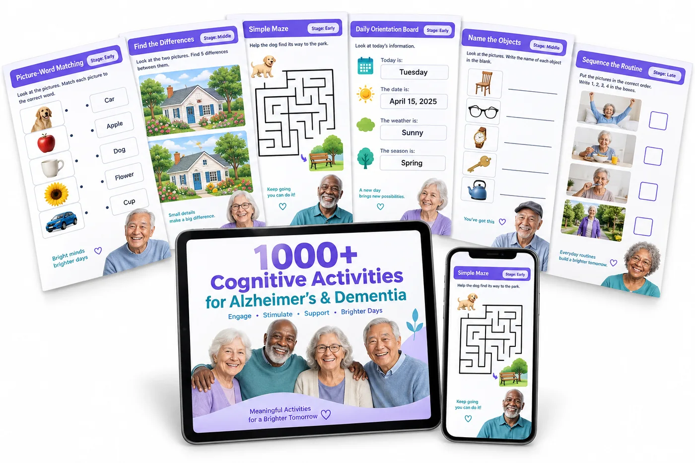 1000+ Alzheimer's & dementia activities kit — printable sheets, tablet and phone mockup